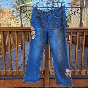 Royalty For Me Blue Jeans with Orange Floral Embroidery Size 14 Mid-Rise Bootcut